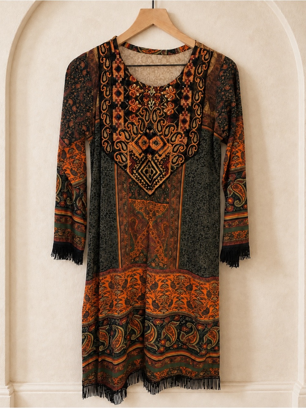 Pakistani Embroidered Kurta Tunic Dress Sequin Fringe